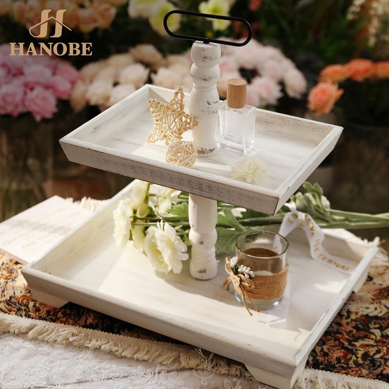 Hanobe Tiered Tray for Table Decor: Mid-Century 2 Tier Decorative Tray Stand for Coffee Bar - Large Farmhouse White Centerpiece Display Stands for Holiday - Wood for Kitchen Counter Decorations - Image 2